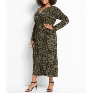 Lane Bryant PLUS 26/28 Green Zebra Crossover Ruched Midi Dress Career Business